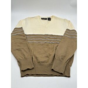 Andrew St John Mens Sweater‎ V Neck Cream Brown Stripe Acrylic Size M